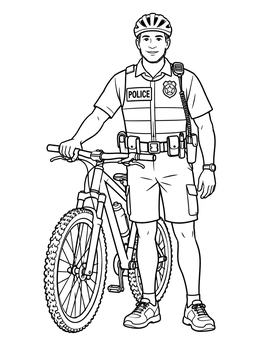 A friendly bicycle patrol officer stands with his mountain bike in this police coloring page.