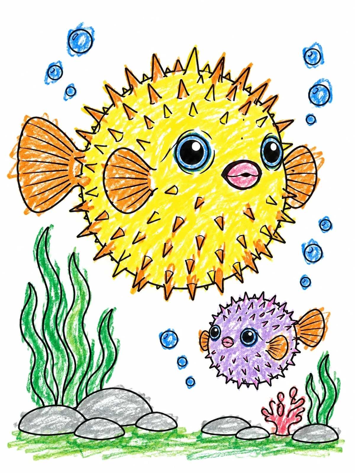 Colored example of the Big And Baby Puffer Fish Underwater coloring page
