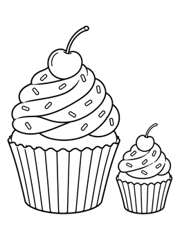 A large and small treat appear in this cupcake coloring page.