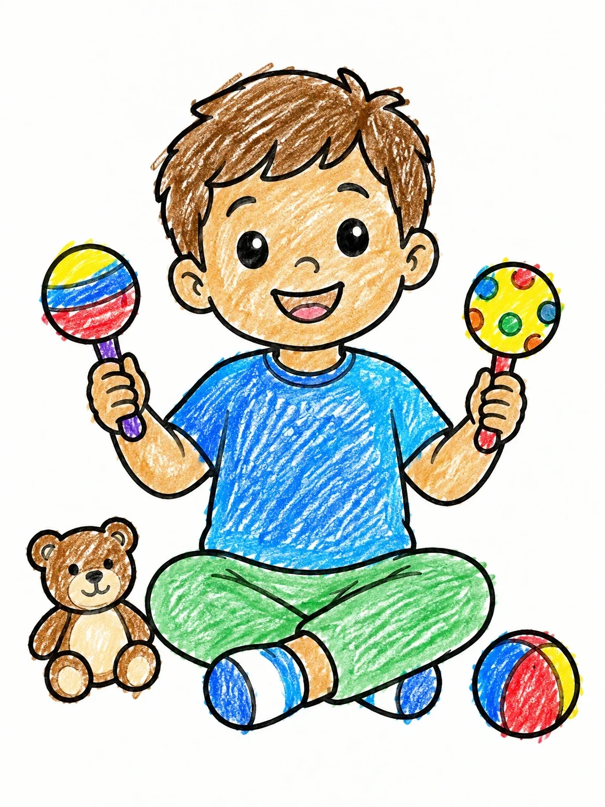 Colored example of the Big Brother Playing With Rattles coloring page