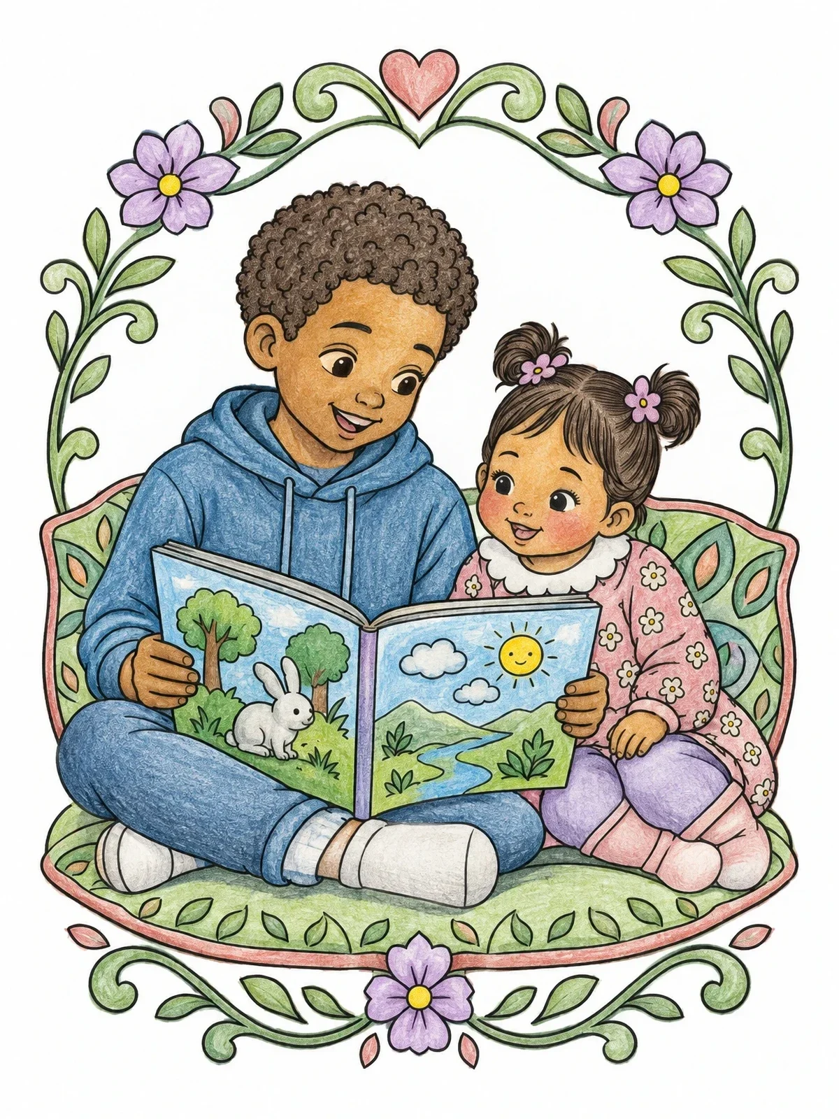 Colored example of the Big Brother Reading To Little Sister coloring page