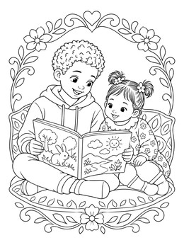 A sweet brother coloring page showing a boy reading an open storybook to his smiling baby sister.