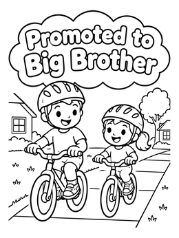A cheerful brother coloring page showing a boy and his little sister riding bicycles on a sidewalk.