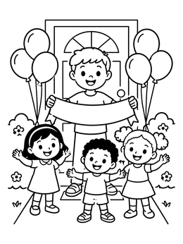 A happy brother coloring page showing a boy holding a banner with siblings and balloons at the front door.