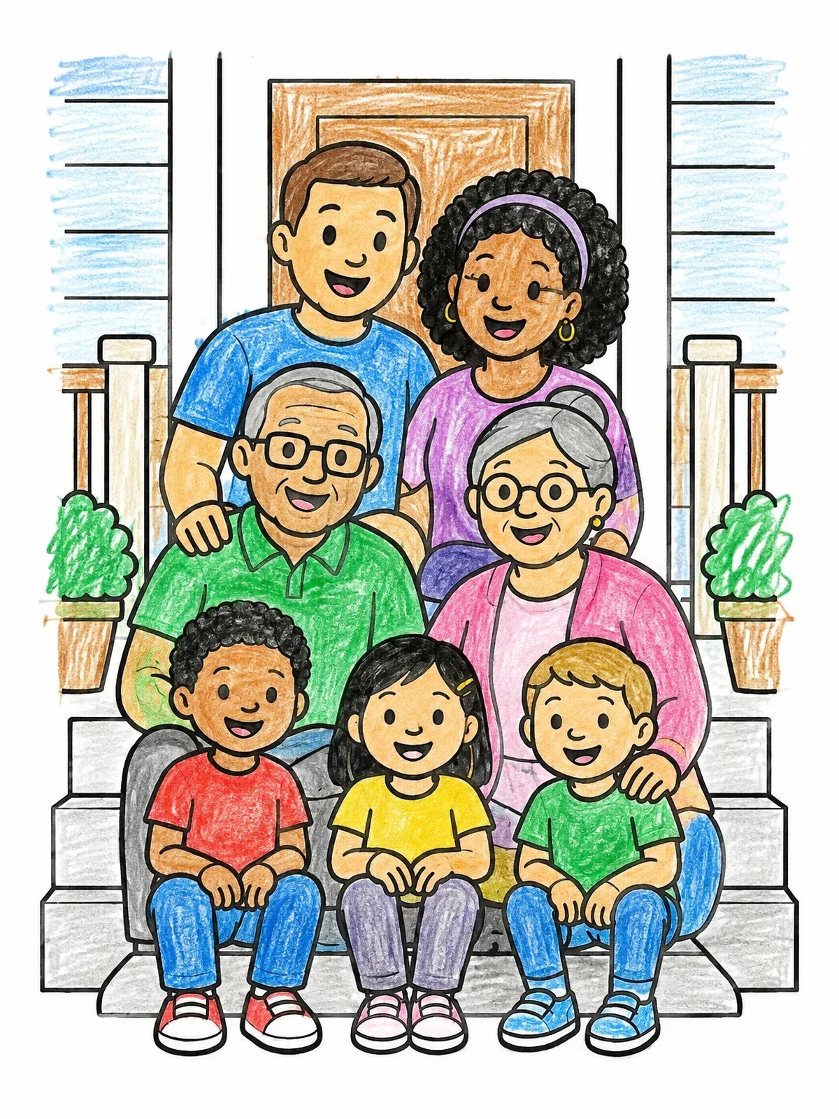 Colored example of the Big Family On Porch Steps coloring page
