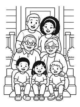 Free printable Big Family On Porch Steps coloring page