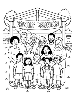 A large multi-generational group poses together under a banner in this family coloring page.
