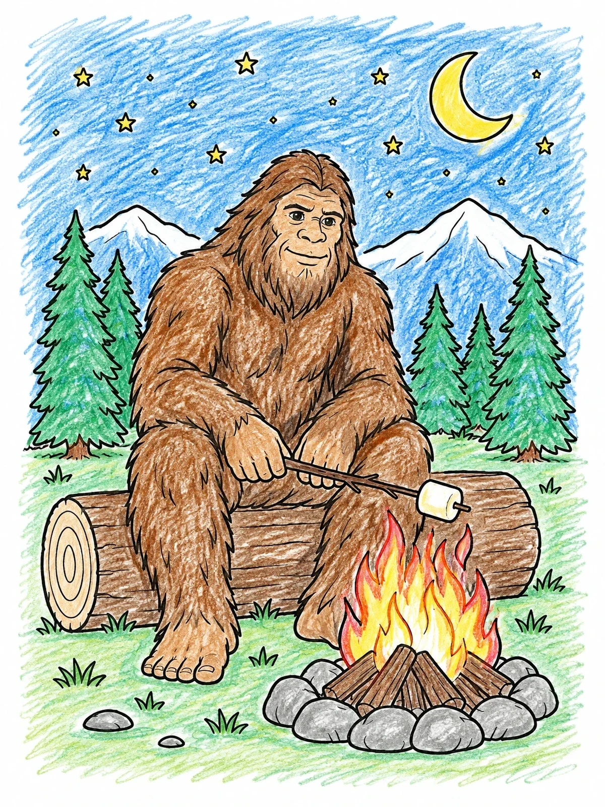Colored example of the Bigfoot Roasting Marshmallows At Campfire coloring page