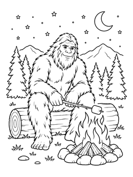 A friendly bigfoot coloring page showing sasquatch roasting a marshmallow by a campfire under the stars.