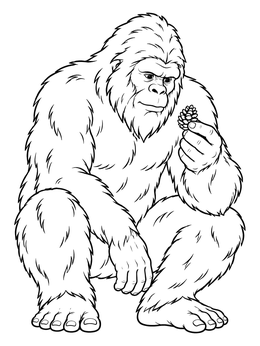 A gentle bigfoot coloring page featuring the creature crouching down to examine a tiny pinecone.