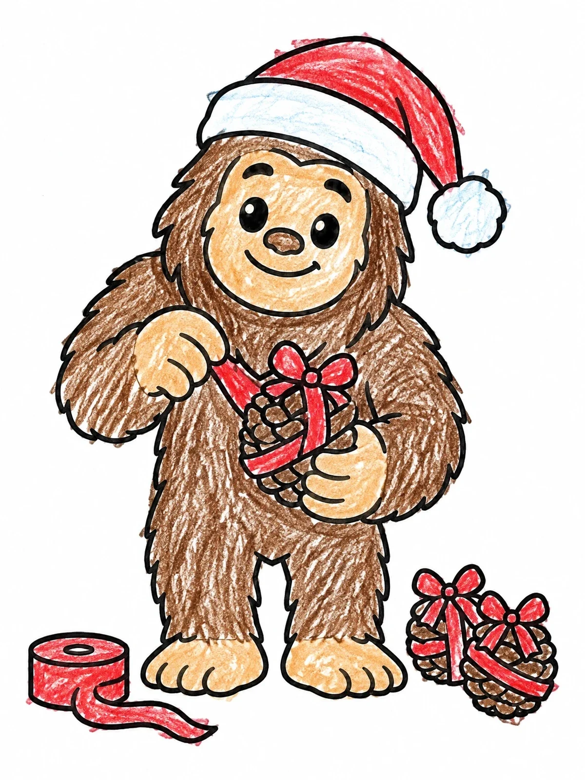 Colored example of the Bigfoot Decorating Pinecones For Christmas coloring page