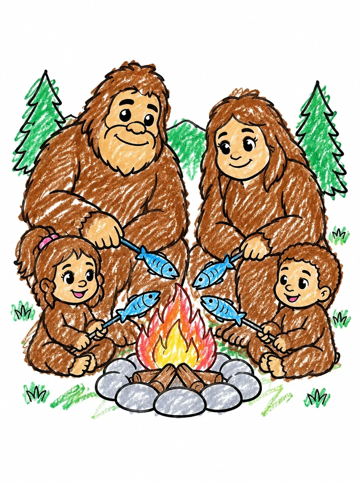 Colored example of the Bigfoot Family Campfire Picnic coloring page