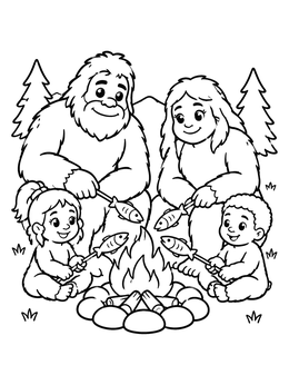 Free printable Bigfoot Family Campfire Picnic coloring page