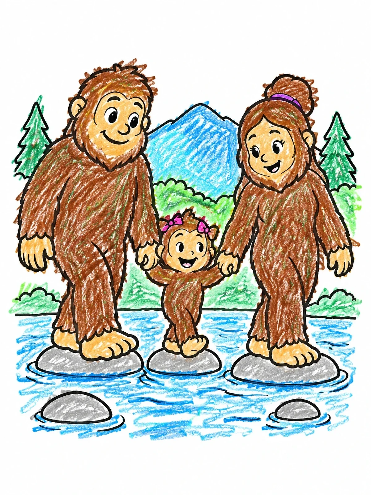 Colored example of the Bigfoot Family Crossing The River coloring page