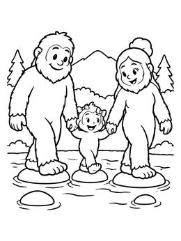 A cute bigfoot coloring page showing two parents holding hands with their toddler on stepping stones.