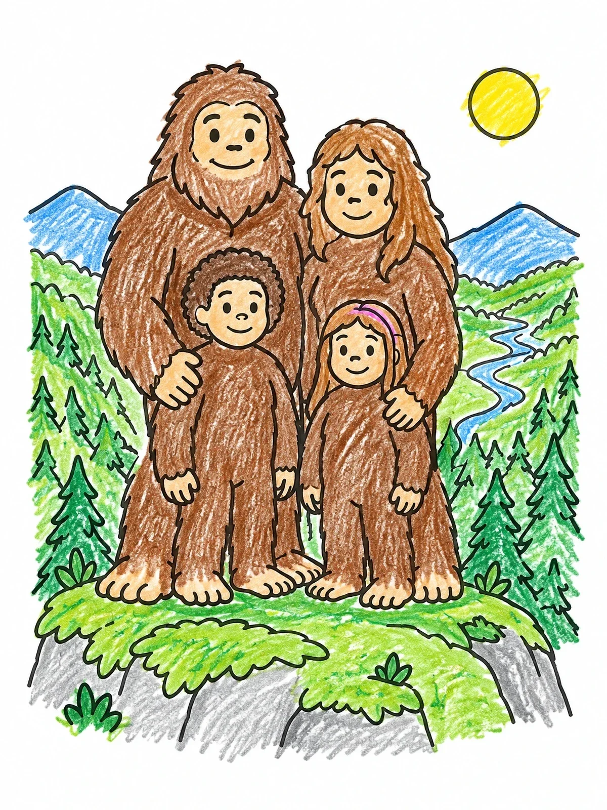 Colored example of the Bigfoot Family On A Mountain Ridge coloring page