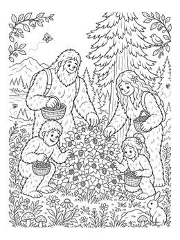 Free printable Bigfoot Family Picking Berries In The Woods coloring page