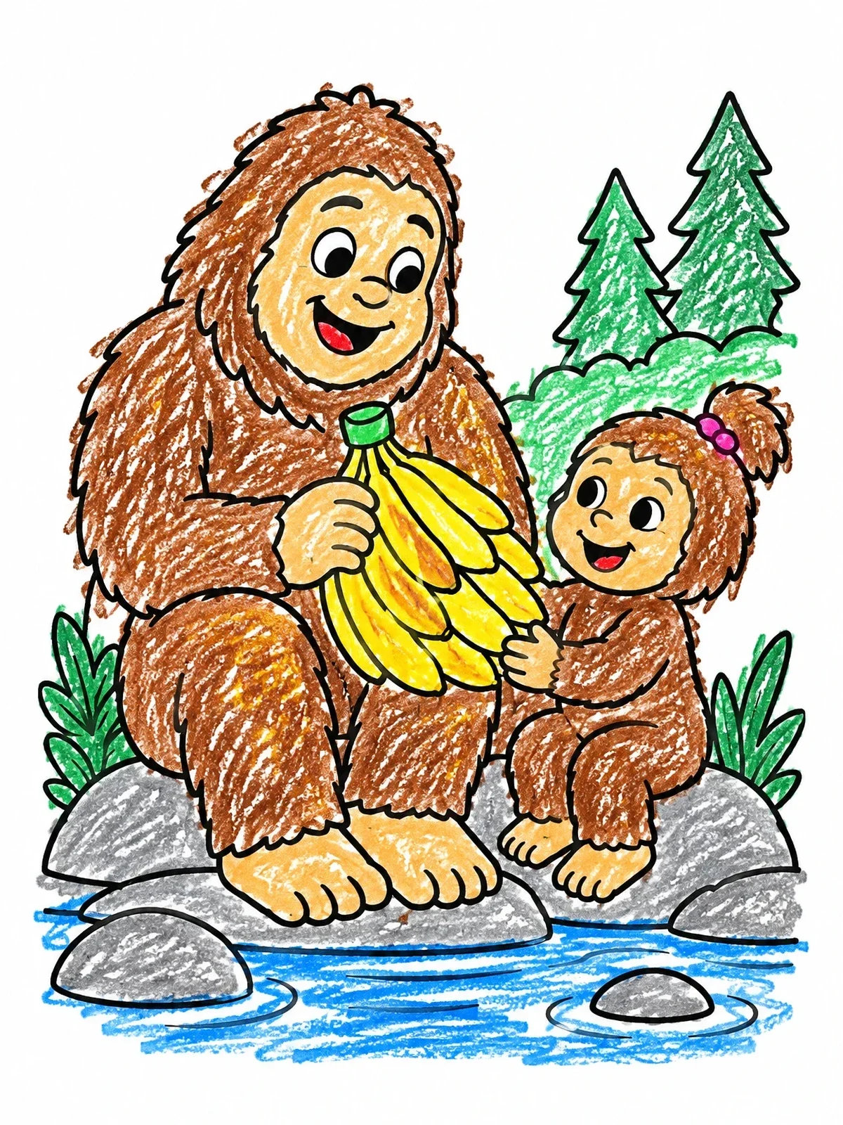 Colored example of the Bigfoot And Child Sharing Bananas coloring page
