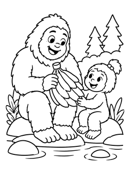 A friendly yeti and child sharing fruit outdoors on this bigfoot coloring page.