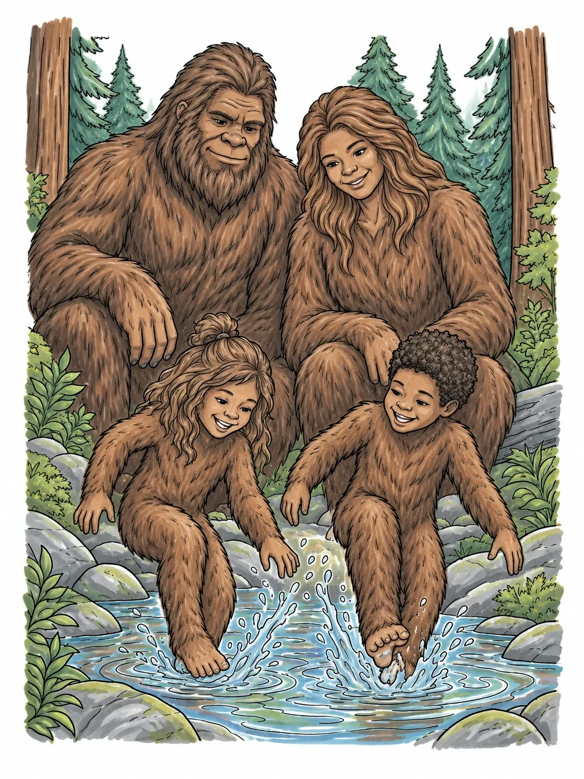 Colored example of the Sasquatch Family Splashing By Forest Stream coloring page