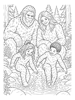 A friendly Sasquatch family sits by water in this bigfoot coloring page.