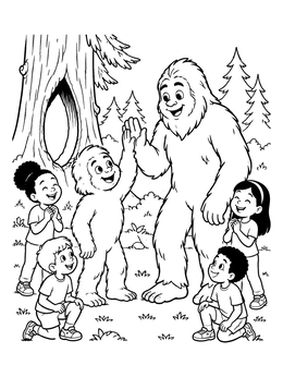 Free printable Bigfoot High Five With Children coloring page