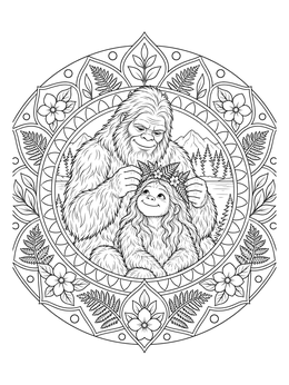 A bigfoot coloring page showing a parent placing a fern crown on their child inside a floral mandala frame.