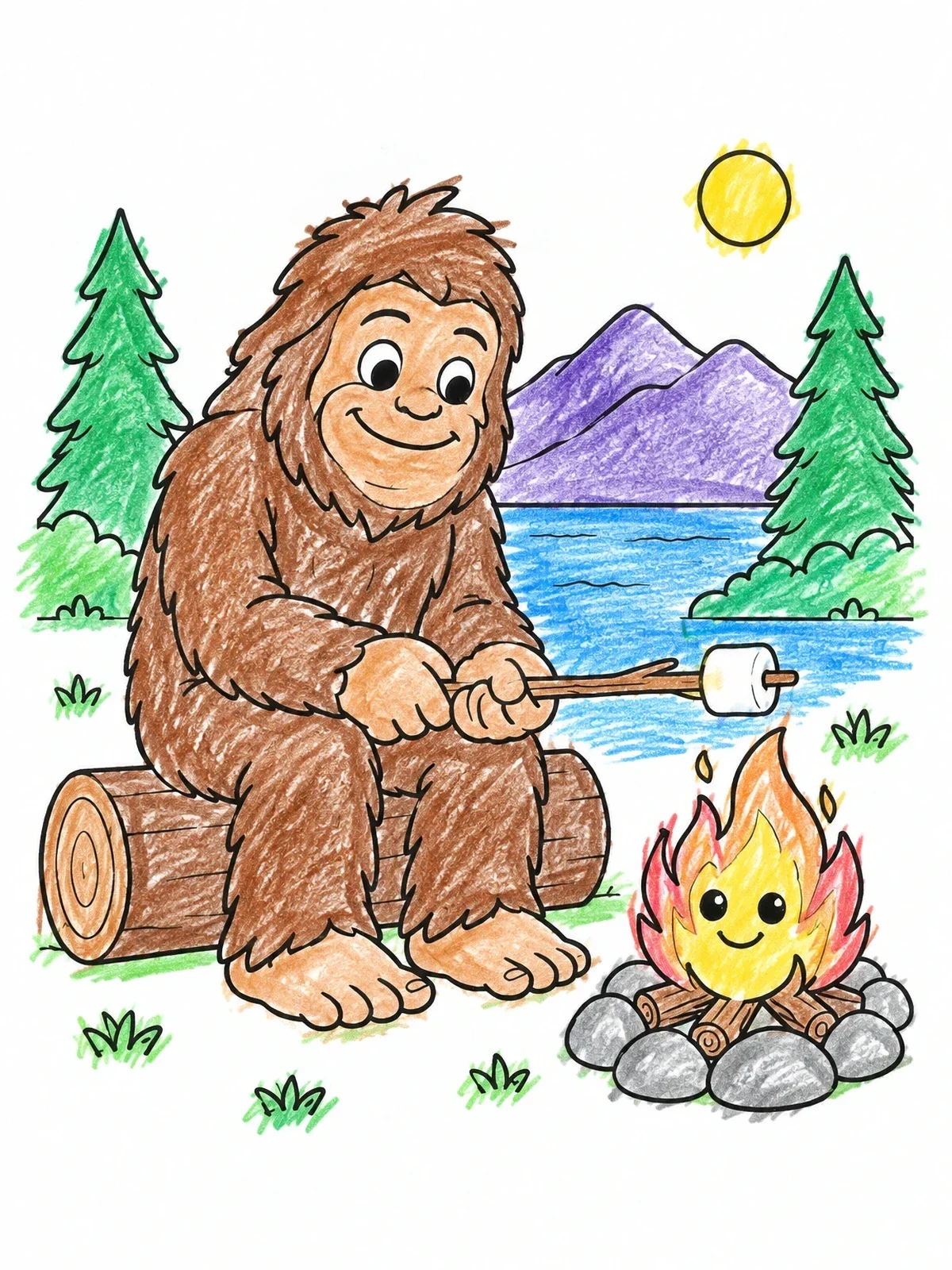Colored example of the Bigfoot Roasting Marshmallow By Campfire coloring page