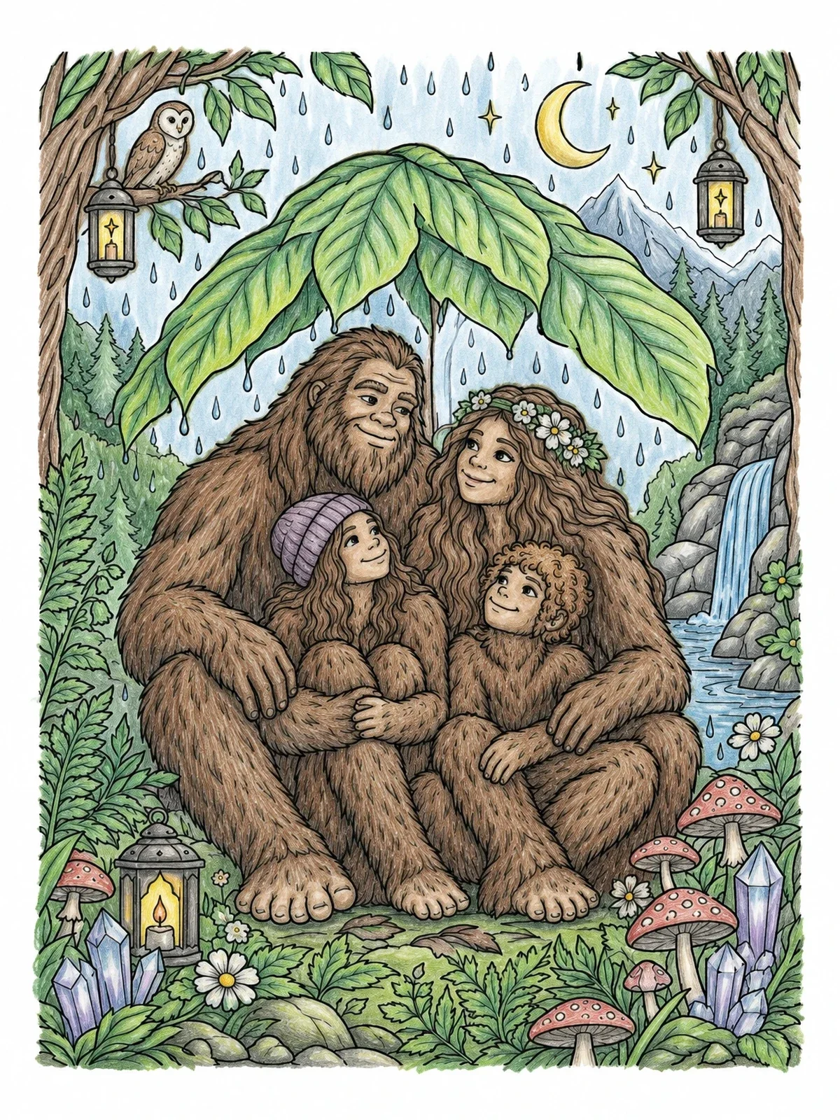 Colored example of the Sasquatch Family Under Leaf Shelter coloring page