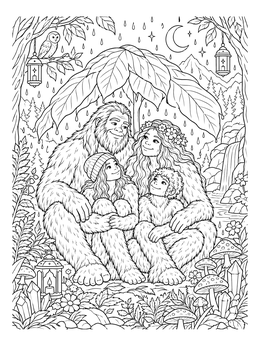 A peaceful bigfoot coloring page showing a sasquatch family sheltering from the rain under broad leaves.