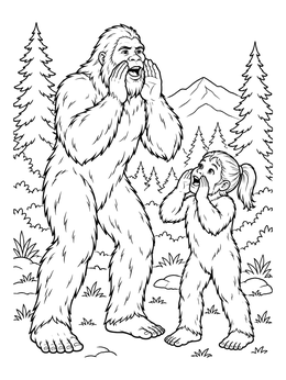 An adult Sasquatch and a young Bigfoot call out in this bigfoot coloring page.