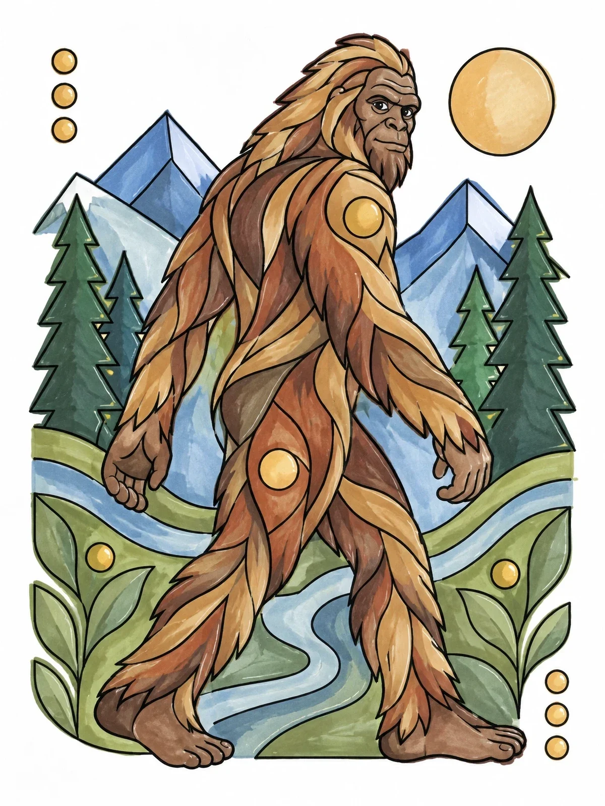 Colored example of the Bigfoot Walking In Mountain Forest coloring page