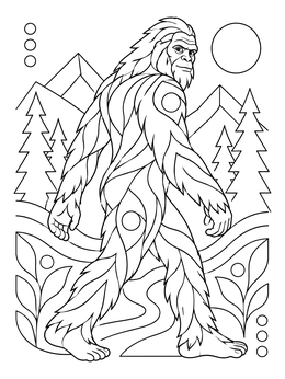 A bigfoot coloring page showing the legendary creature walking through a stylized mountain forest.