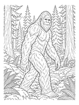 A bigfoot coloring page showing the legendary creature striding through dense evergreen pines.