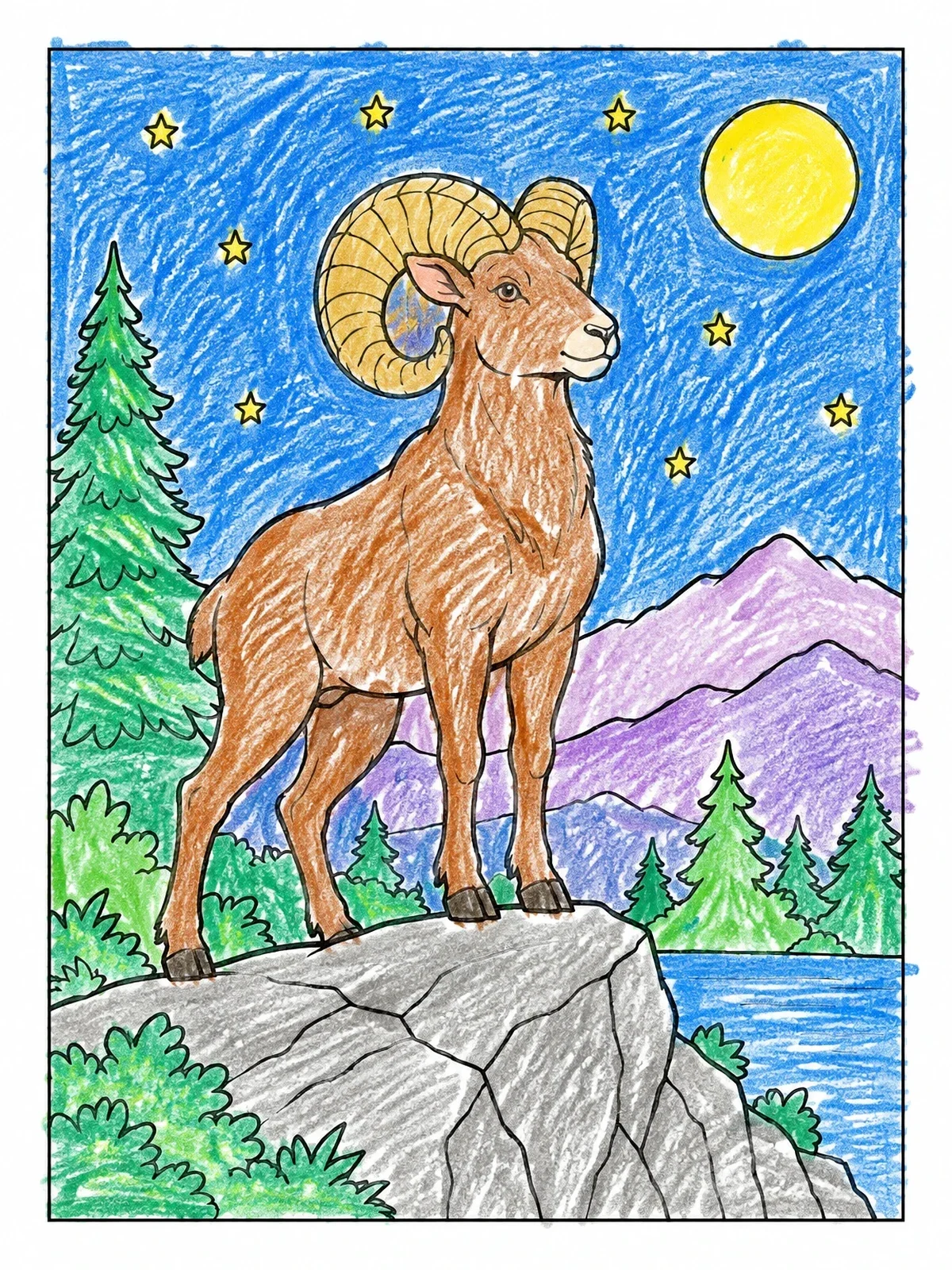 Colored example of the Bighorn Ram On Rocky Cliff coloring page