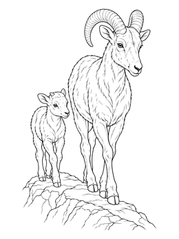 A realistic sheep coloring page featuring a horned adult bighorn sheep and its lamb walking on a rocky ledge.