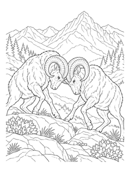 Two wild bighorn rams clashing on a mountain cliff in this sheep coloring page.