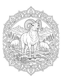 A detailed sheep coloring page with a wild bighorn ram in a mountain landscape mandala.