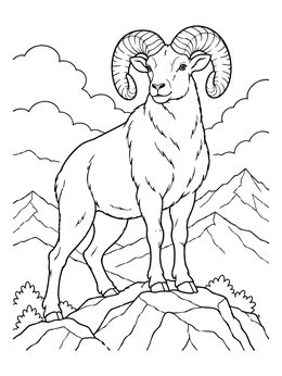 A bighorn sheep with large curled horns stands on rocks in this mountain coloring page.