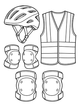 A bike coloring page featuring a protective helmet, safety vest, elbow pads, and knee pads.