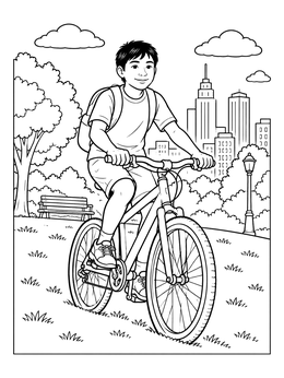 A cheerful boy rides his bicycle through a park in this bike coloring page.