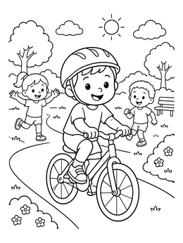 Free printable Happy Boy Riding Bicycle In Park coloring page
