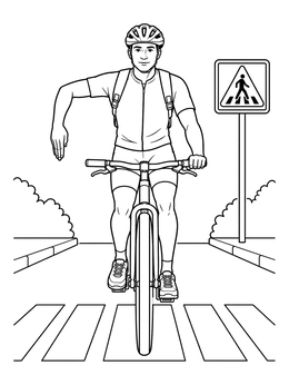 A cyclist signals to stop near a pedestrian crossing in this bike coloring page.