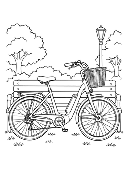 An electric bike coloring page showing a bicycle parked in front of a wooden bench.