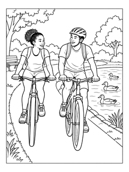 Two happy friends ride along a trail in this scenic bike coloring page.