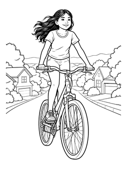 A smiling girl riding down a neighborhood street on this bike coloring page.