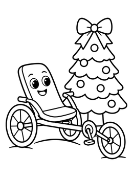 Free printable Cheerful Recumbent Trike By Christmas Tree coloring page
