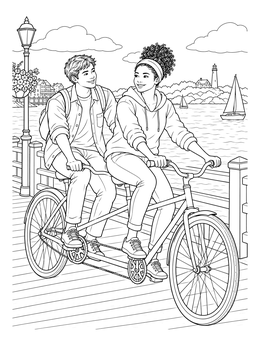 A teen couple rides a tandem on a bike coloring page along the waterfront.