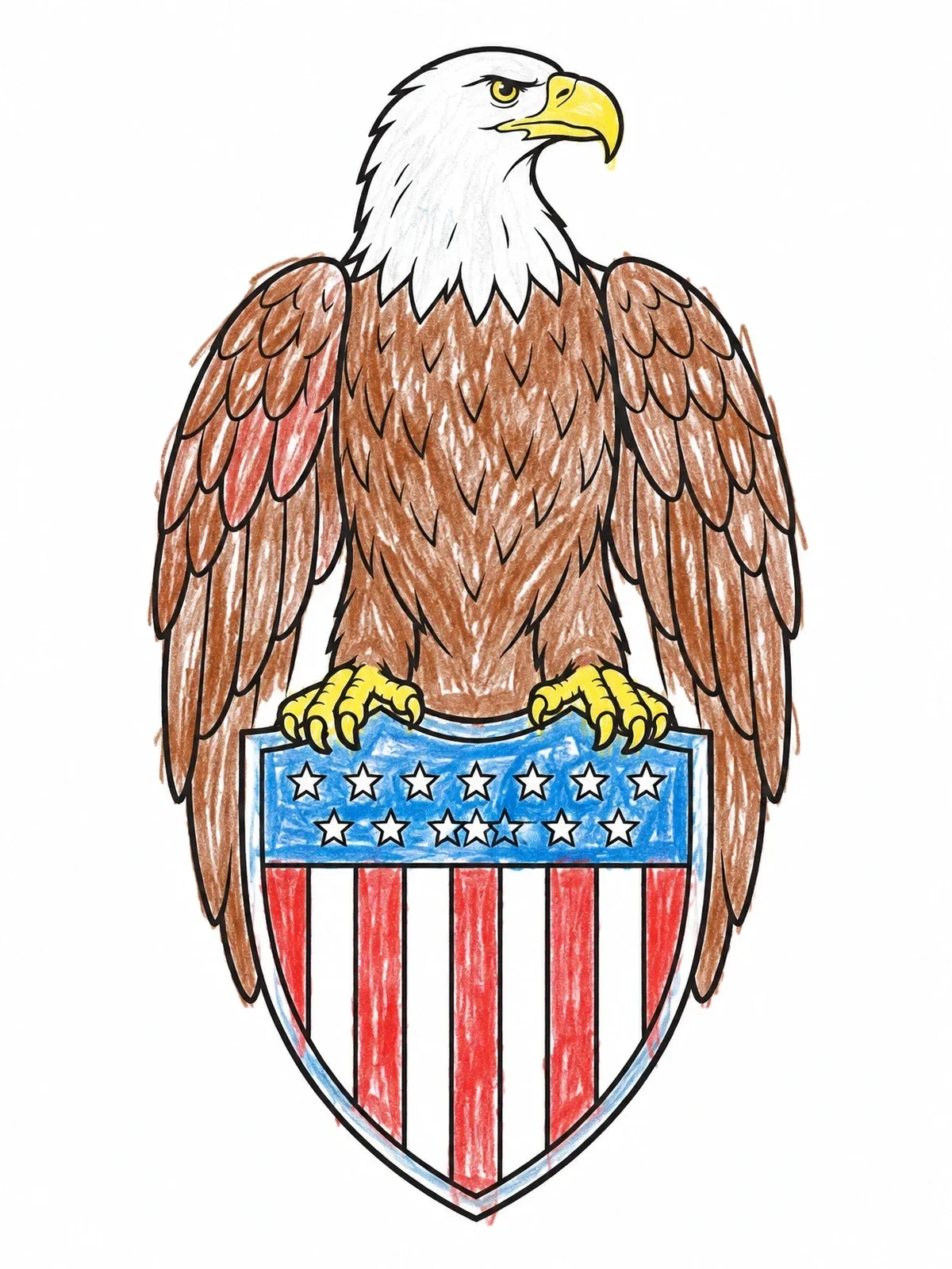Colored example of the Bald Eagle Perched On Patriotic Shield coloring page