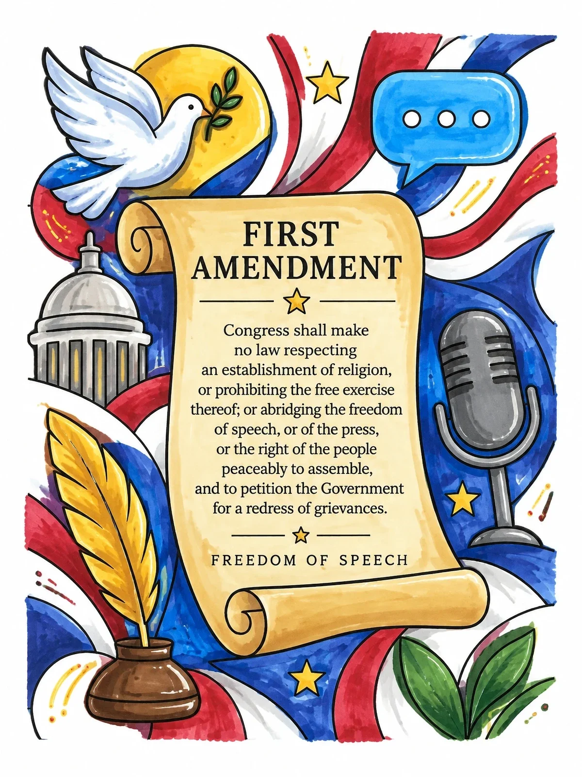 Colored example of the First Amendment Freedom Of Speech Scroll coloring page